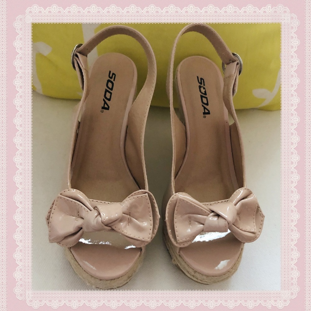 Soda Blush Nude Patent Bow knot Wedge Sandals